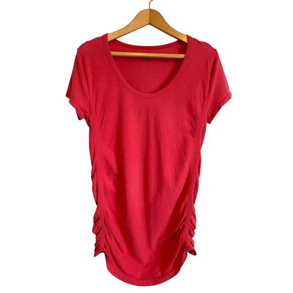 Athleta Fastest Track short sleeve Tee red solid lightweight stretch ruched L - Picture 1 of 5